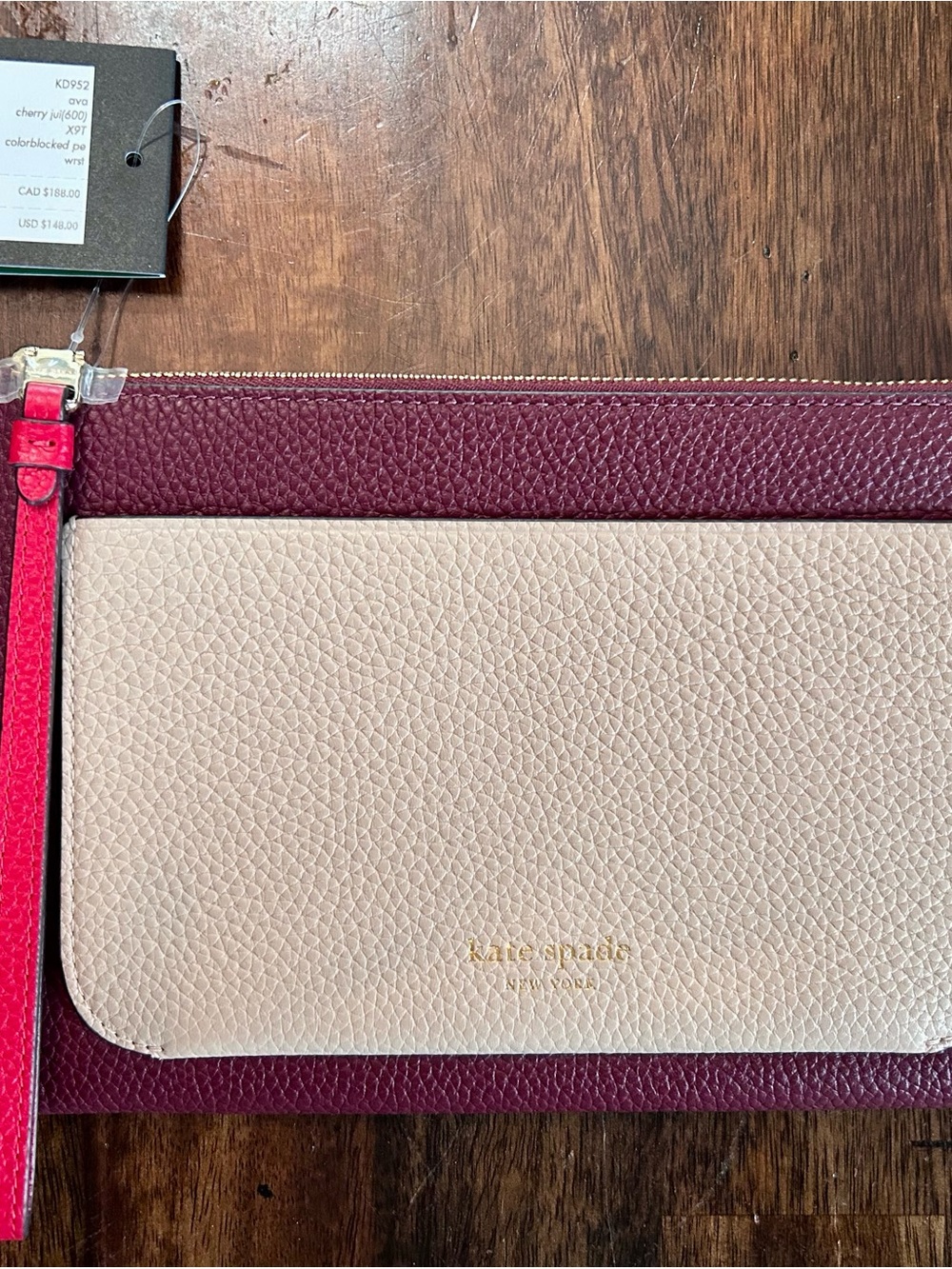 Kate Spade Two-Tone Leather Wristlet Clutch in Cream and Burgundy